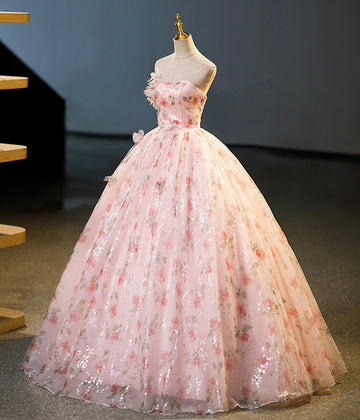 Beautiful Strapless Tulle Flower Long Pink Ball Gown HZ1023